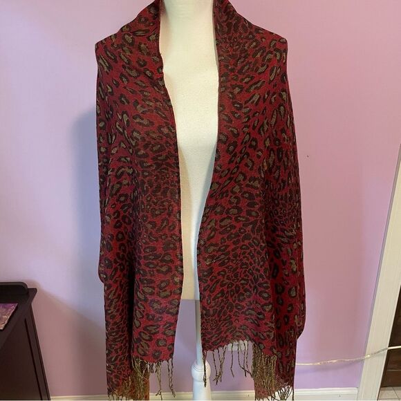 Pashmina Scarf Silk Blend Wrap Red Leopard Animal Print Fringe Shawl - Picture 10 of 10